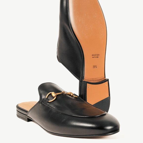 Gucci Princetown Gold Horsebit Black Leather Slipper Mule - Picture 4 of 10
